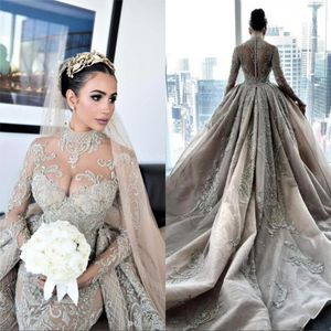 Luxury Crystal Pärled High Neck Mermaid Wedding Dresses With Sweep Train Sexig plusstorlek Långärmar Arabiska Mulslim Brudklänning 2023