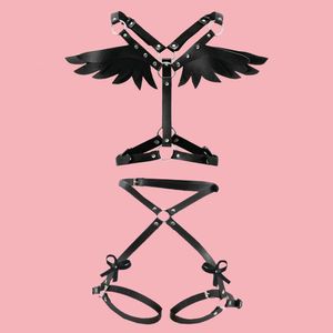 Arnês para mulheres Angelas Asas de couro Garotas de couro Conjunto de suspensório gótico cinto da cintura tira da tira do corpo Bondage Sexy Lingerie Rave