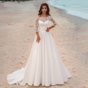 Robe De Mariee Elegante abito da sposa A Line 2023 3/4 manica lunga scollo rotondo applicazioni in pizzo raso Sweep Train Beach abiti da sposa per le donne