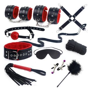 BDSM Bondage Set Erotic Bed Games Adults Handcuffs Nipple Clamps Whip Spanking Anal Plug Vibrator SM Kits Sex Toys For Couples