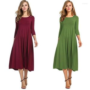 Aktiva skjortor Spring Autumn Ladies Crew Neck Solid Mid Sleeve Long Dress Kvinnor Big Hem One Piece Suit Female Payy Casual Wear Plus Size