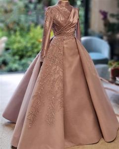 Allık pembe saten uzun kollu müslüman gece elbise 2023 gerçek görüntü boncuklu uzun doğum günü partisi resmi önlük