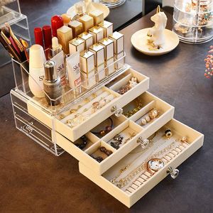 Storage Boxes Jewelry Box Transparent Acrylic Cosmetic Organizer Lipstick Holder Earrings Necklace Watch Display Stand Velvet Drawer