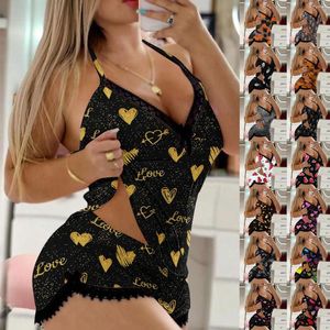 Women's Sleepwear Cute Pajamas Womens Sexy Love Printing Camisole Shorts 2 Piece Set Lace Backless Trim Lingerie Pants Suit