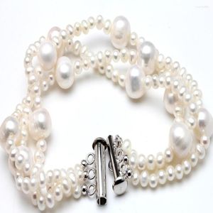 Bangle Hand Knotted 3 Strands Bracelet Natural 4-9mm White Freshwater Pearl For Women Fashion Jewelry 20cm