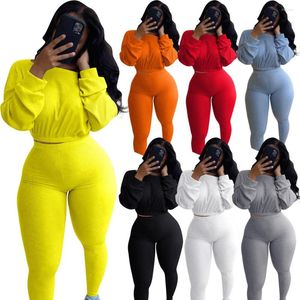 Set attivi Donna Autunno Sport Stretto Set a due pezzi Manica lunga Solido elastico a costine Crop Top Pantaloni a vita alta senza cuciture Tuta fitness