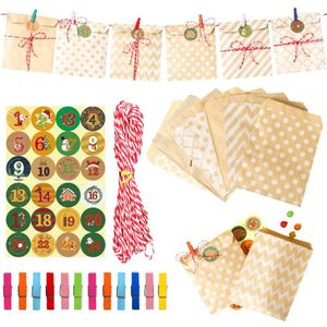 Wrap regalo 24 set Kraft Paper Bagn Candy Food Packaging Bags 1-24 Adesivi per calendario Avvento Supperimenti per feste di Natale