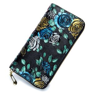 2018 neue Damenhandtasche, langes Portemonnaie aus rosafarbenem Leder mit mehreren Karten und geprägten Blumen236F