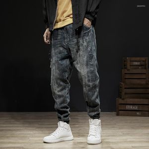 Herrar jeans mode streetwear rippade män löst fit retro blå casual denim lastbyxor hombre tryckt designer hip hop joggar