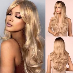 26 Inches Long Blonde Wigs for Women Natural Synthetic Hair Wig with Bangs Light Ash Blond Dark Roots Heat Resistant Wigs for Everyday/Party/Cosplay