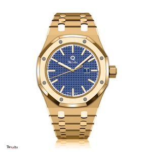 Мужская роскошная автоматическая механическая часа Requin Royal Gold Case 15500-й OO Blue Mesh Трехквартирный календарь дуб B3056