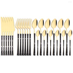 Geschirr Sets Messer Kuchen Gabel Löffel Geschirr Küche Besteck Schwarz Gold Edelstahl Set Nachahmung Holz Griff Besteck