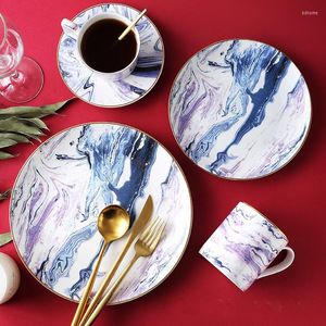 Placas Placas Salada Redonda de Cerâmica Europeia Placa Japonesa de Susserta Sushi Bandejas de mármore Kitchen Bone China Dinnerware Conjuntos