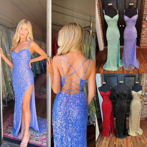 Sequin Prom Dress 2023 Side Slit Formal Evening Wedding Party Gown Winter Court Pageant Gala Runway Red Carpet Cocktail Fitted Sleek Criss Cross Strap Lace-Up Aqua Red