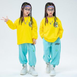 Stage Wear Autumn Kids Clothes Long Sleeves Tops Blue Sweatpants Girls Hip Hop Dance Costume Ballroom Practice Boys Jogger BL9305