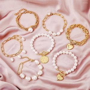 Bangle 10Pcs/Lot Vintage Fashion Bohemian Pearl Metal Bracelet Jewelry For Women Girls Mix Style Bangles Gold Plated Bulk Party Gift