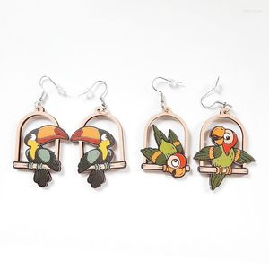 Dangle Earrings Wood Cut Birds Shape Cute Parrot And Toucan Fashion Animal Pendant For Woman