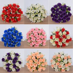 24 Buds Artificial Rose Flowers Bouquet Indoor Outdoor Wedding Party Backdrop Wall Road Home Decoration Valentine Mothers Day Floral Gifts