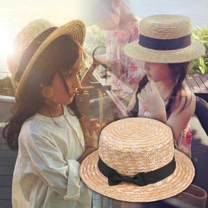 Cimri şapkalar sevimli çocuk kızlar saman bowknot güneş şapka çocuklar büyük ağzına kadar ince yaz boater plaj kurdele yuvarlak üst fedora şapkası 54cm 0103