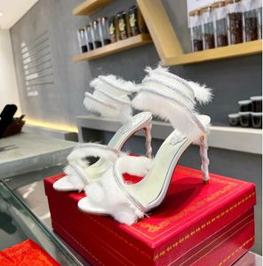 Rene Caovilla Women's High-heeled Sandals Rabbit's Fur Ankle Snake Wrap Drill Cover Wedding Vacation Girls Black White Party Sexy Beach High