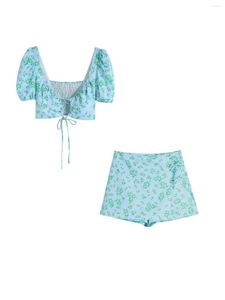 Moda feminina Moda Mulher Blue Verde Tops Cropped 2023 Verão High Shorts Salia 2 PCs Conjunto para Blush Streetwear de Blusa de férias