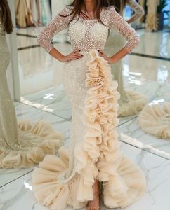 Sukienki z balową syreny długie rękawy Sheer Scyk Appliki cekiny błyszczące perłowe perełki koronkowe koronkowe fałdy puste boczne sukienki formalne sukienki na zamówienie w rozmiarze