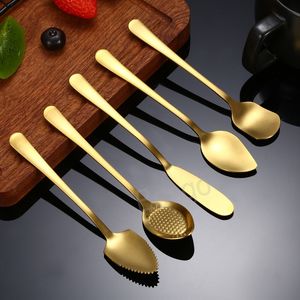 304 Stainless Steel Coffee Stir Spoon Ice Cream Dessert Spoons Long Handle Fruits Scoop Gold Butter Cream Knife Kitchen Tools BH8204 TYJ