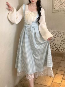 Casual Dresses Winter Lace Kawaii Strap Dress Women Japanese Y2K Sweet Plaid Female Korean Fashion Vintage Party Midi 2023