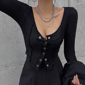 Kadın Tişörtleri 2023 Bahar Moda Siyah Kadınlar V Boyun Düşük Keskin Üstler Kadın Skinny Temel Sıradan Tişört Düğmesi Kısa Seksi Tees Femme