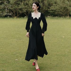 Casual Dresses Yosimi Retro French Romance Little Black Dress Long Women 2023 Autumn Vintage V-Neck Patchwork A-Line Sleeve
