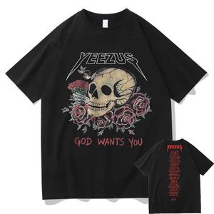 メンズTシャツ神はあなたを望んでいますスカルローズフラワーグラフィックティートップメンズヒップホップストリートTシャツブラックストリートウェアマンTシャツT230103