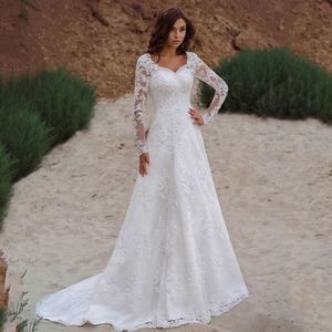 Vestios de novia koronki w górę A-line sukienki ślubne aplikacje w szyku w dekolcie długie rękawy Eleganckie sukienki ślubne z patrz Hrough Back