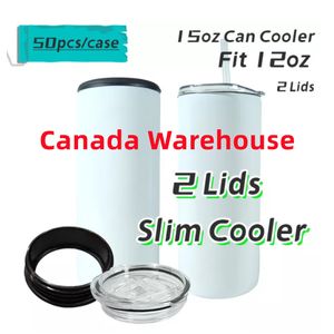 Canada warehouse 15oz Straight Sublimation Tumblers 2 in 1 Can Cooler Two Lids Clear Straws Stainless Steel Blank White Double wall Vacuum Fit 12oz Coke Wine Cups B5