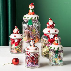収納ボトルクリスマスガラスキャンディージャーチョコレートビスケットボックスストライプ漫画ギフトボトルフード蓋付きの家の装飾