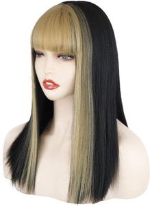 Dimiday lång rak svart peruk hårband färgade kvinnliga tvåsidiga blonda mellersta lugg värmebeständig våg cosplay flicka peruk