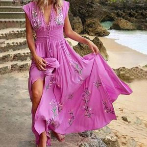 Fritidsklänningar V-ringad Tofs Boho Lång Klänning Kvinnor Elegant Blommönster Maxi Party Sommar Ärmlös Lös Strand Vestido