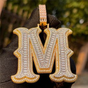 Men Women Yellow White Gold Plated Full Baguette CZ Letters Custom Name Pendant Necklace With 3mm 24inch Rope Chain