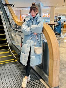 Mulheres para baixo parkas céu azul jaqueta mulheres inverno coreano moda casaco com capuz x longo engrossar quente feminino desgaste acolchoado roupas soltas 221231