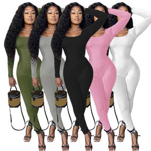 Womens Jumpsuits Designer 2023 New Rompers Sexy One Piece Long Sleeve U Neck Pit Strip Slim Suit Fitness Lady Jumpsuit