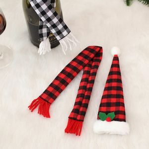 Factory Bar Tools Set di ornamenti natalizi Xmas Mini Buffalo Plaid Bottiglia di vino Topper Cover Cappello da Babbo Natale Sciarpa a quadri RRD199