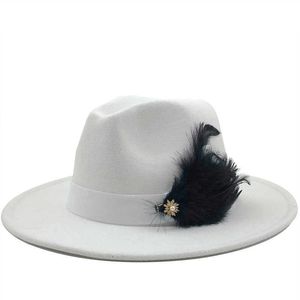 Stingy Hats New White Wool Women Feather Fedora Hat For Winter Autumn Elegantlady Floppy Cloche Wide Brim Men Jazz Caps 0103