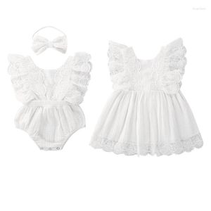 Girl Dresses Princess Infant Baby Girls Lace Romper / Dress Sleeve White Bow Back Jumpsuit Headband /Dress 0-5Y