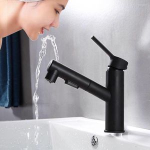 Badezimmer-Waschtischarmaturen, Mundwasser-Waschbecken-Wasserhahn, Vollkupfer, kalter Doppelauslass, schwarze Wäsche, einziehbare Armaturen