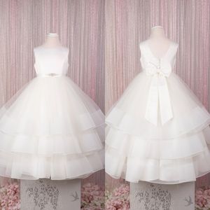 Princess Flower Girl Dress 2023 Bow Sash Ballgown Ruffles First Communion Gown for Little Kid Infant Toddler Christening Baptism Junior Bridesmaid Wedding Guest