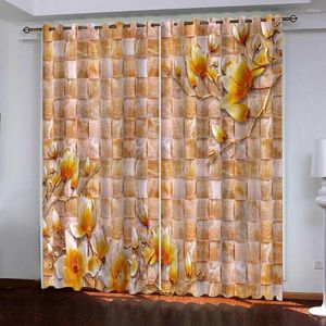 Cortina Golden Yellow Square Flowers Blackout Blackout 3D Cretans de janela para sala de estar com cortinas de tamanho personalizado