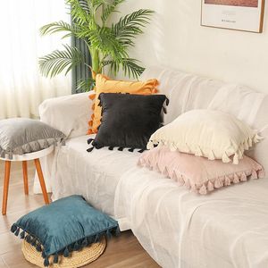 Pillow Cover With Tassel Pink Grey Yellow Navy Green Blue Beige Bedroom Sofa Decoration PillowCase 45x45cm