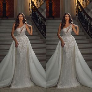 Sparkly Beads Mermaid Wedding Dress Sexy One Shoulder Sequins Saudi Arabic Sweep Train Bridal Gowns