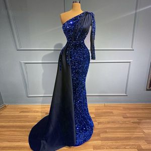 Damen-Abendkleid, glitzernde Pailletten, eine Schulter, lange Ärmel, elegante formelle Party-Abschlussball-Kleider, Meerjungfrau, 2023, Kleider für besondere Anlässe