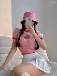 Women's T Shirts TVVOVVIN French Sweet And Spicy Girl Style Pink Bigh Cherry Embroidery T-shirt Women's Round Neck Slim Short Top XQZ4