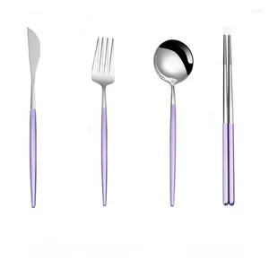 Dinnerware Sets 4PCS Purple Steak Knife And Fork Stainless Steel Wedding Tableware Set Spoon Chopstick For Kitchen Utensils